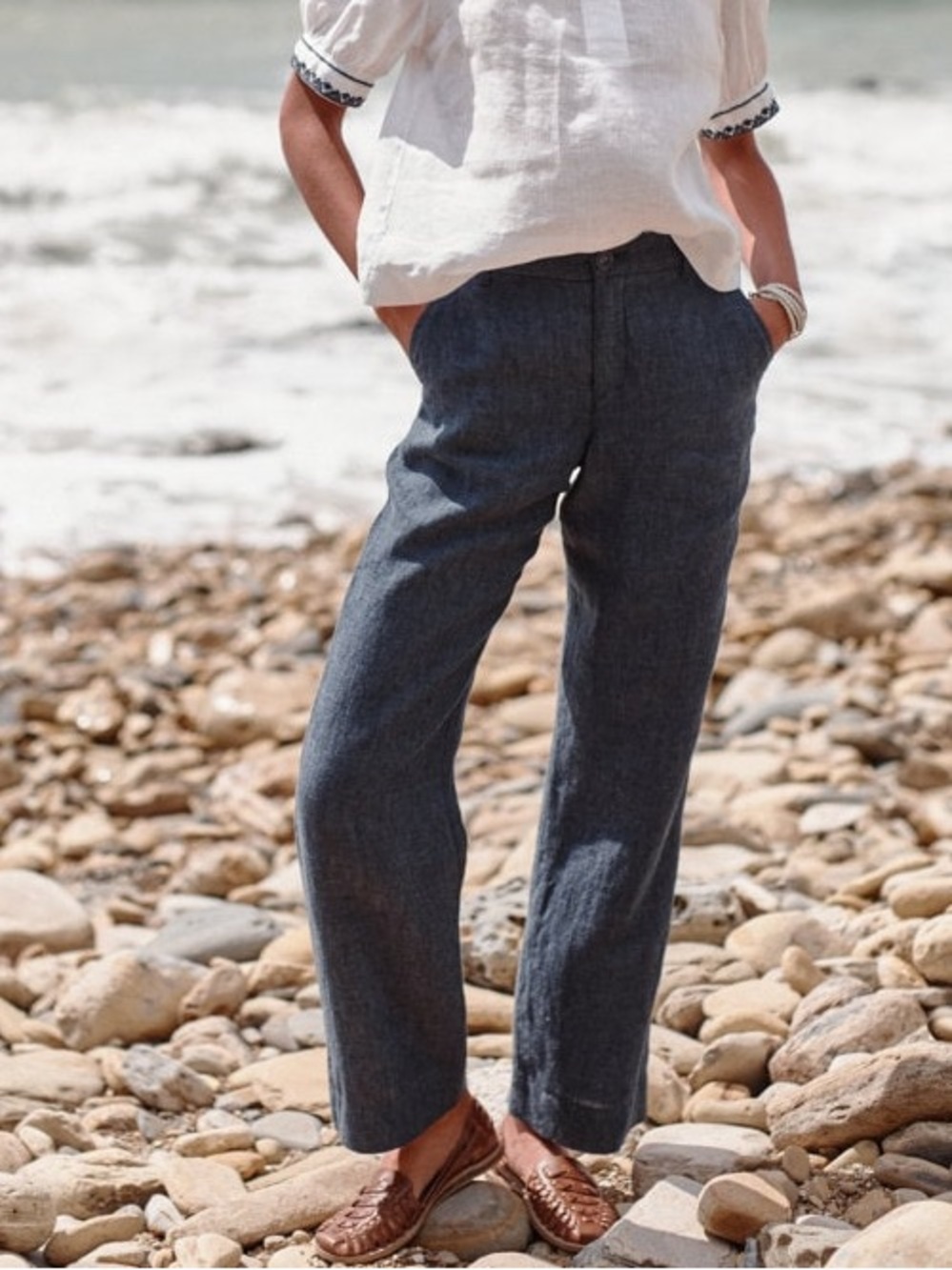 Garnet Hill Classic Linen Trousers Indigo Color Resortwear
